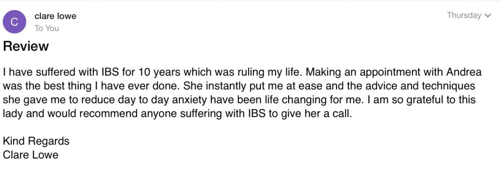 Verified client review from client treated for IBS by Andrea
